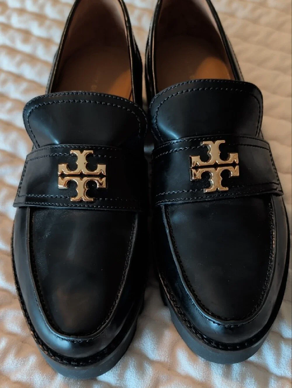 Tory Burch Black Leather Logo Penny Loafers with Gold Emblem Women's Size 8.5 US